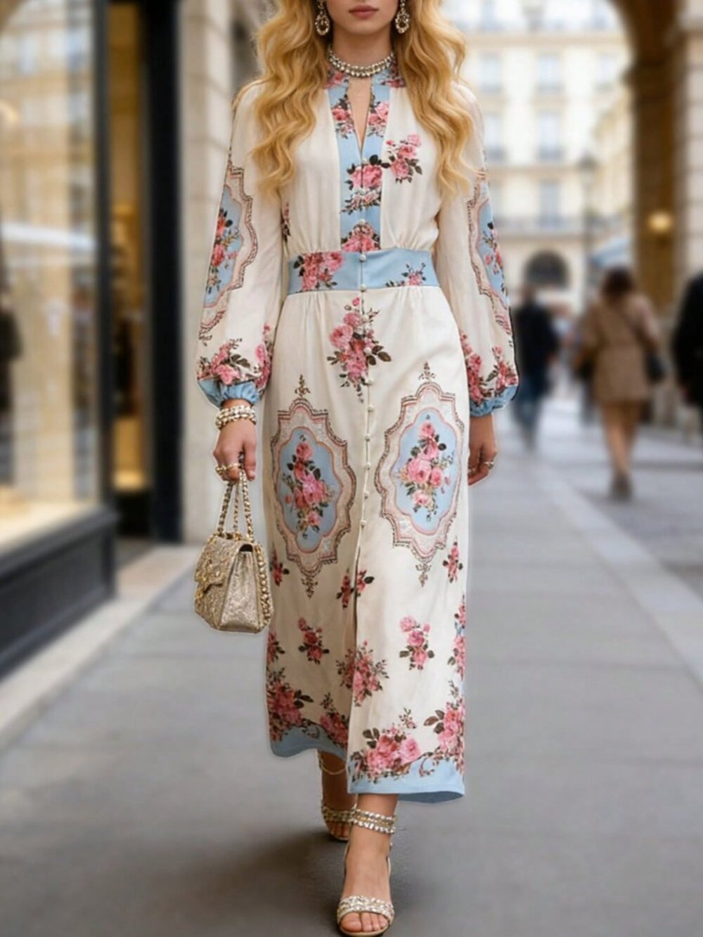 Beige Elegant Women's Print V-Neck Waist Cinched Long Dress